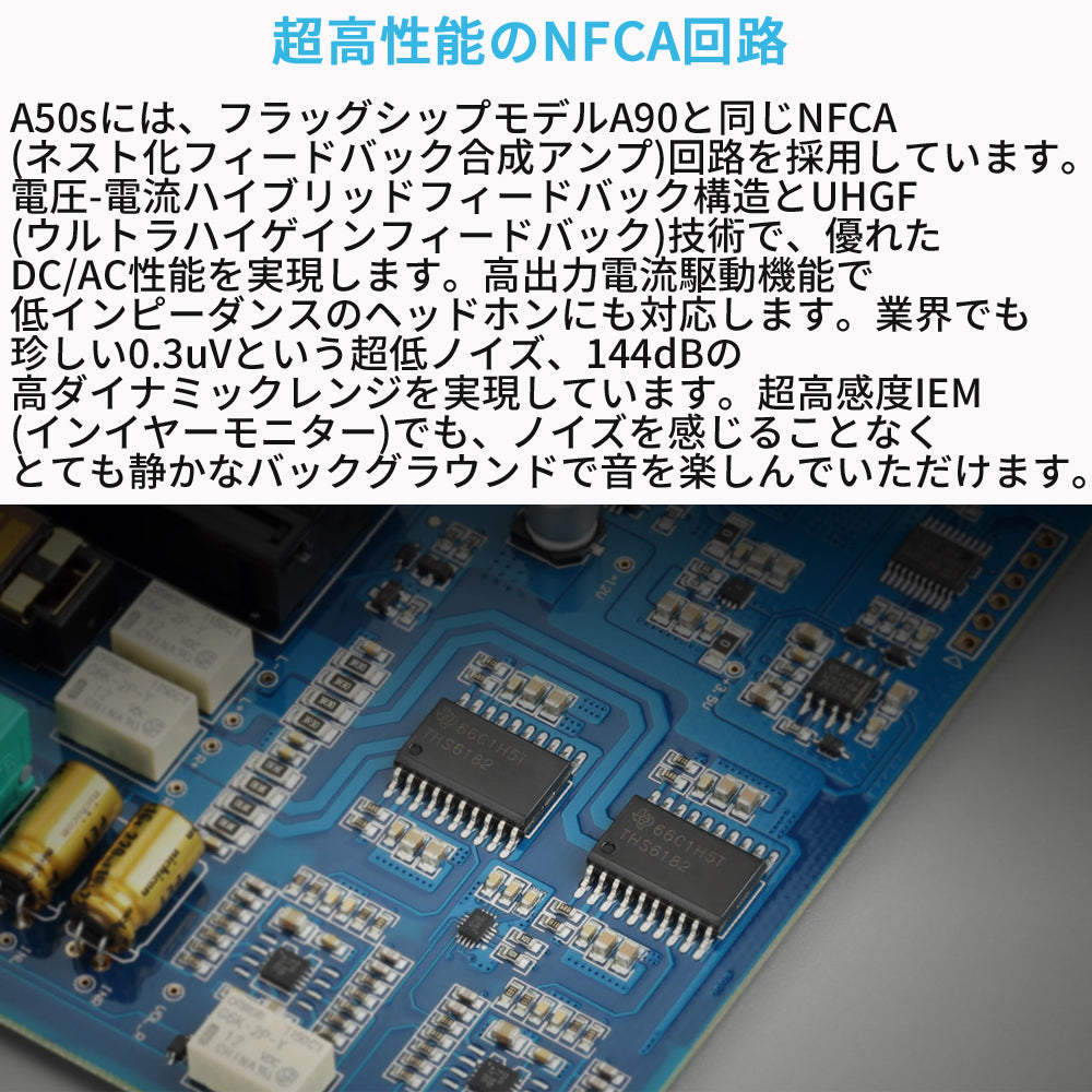 超高性能のNFCA回路 A50sには、フラッグシップモデルA90と同じNFCA(ネスト化フィードバック合成アンプ)回路を採用しています。 電圧-電流ハイブリッドフィードバック構造とUHGF(ウルトラハイゲインフィードバック)技術で、優れたDC/AC性能を実現します。 高出力電流駆動機能で低インピーダンスのヘッドホンにも対応します。業界でも珍しい0.3uVという超低ノイズ、144dBの高ダイナミックレンジを実現しています。 超高感度IEM(インイヤーモニター)でも、ノイズを感じることなくとても静かなバックグラウンドで音を楽しんでいただけます。