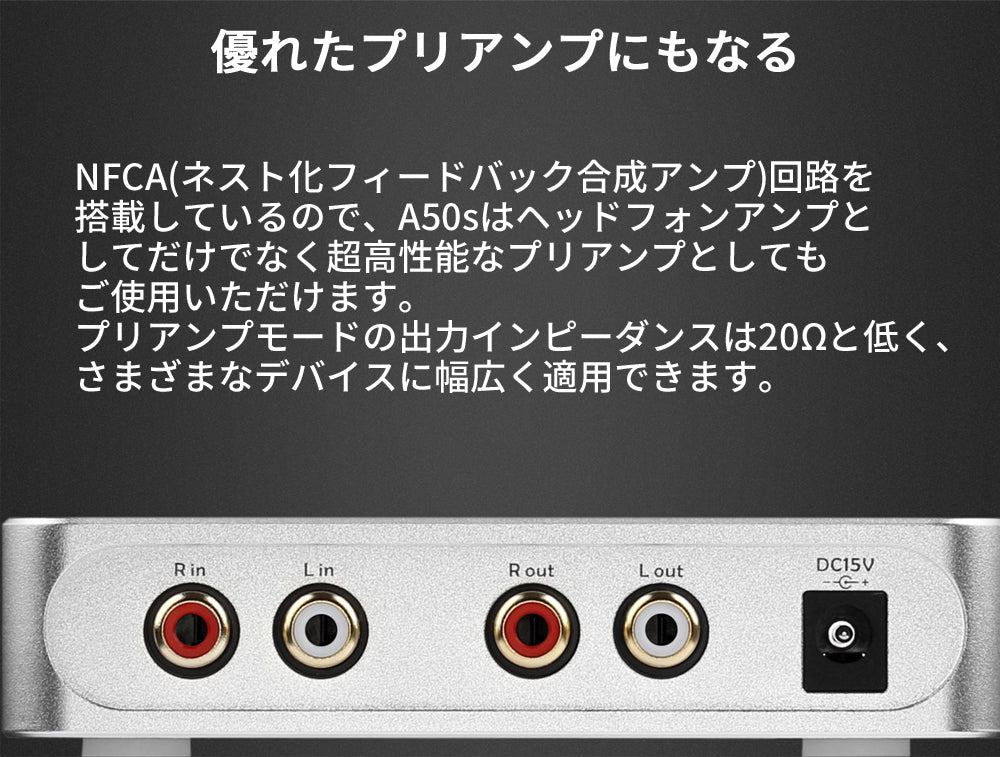 優れたプリアンプにもなる NFCA(ネスト化フィードバック合成アンプ)回路を搭載しているので、A50sはヘッドホンアンプとしてだけでなく超高性能なプリアンプとしてもご使用いただけます。 プリアンプモードの出力インピーダンスは20Ωと低く、さまざまなデバイスに幅広く適用できます。
