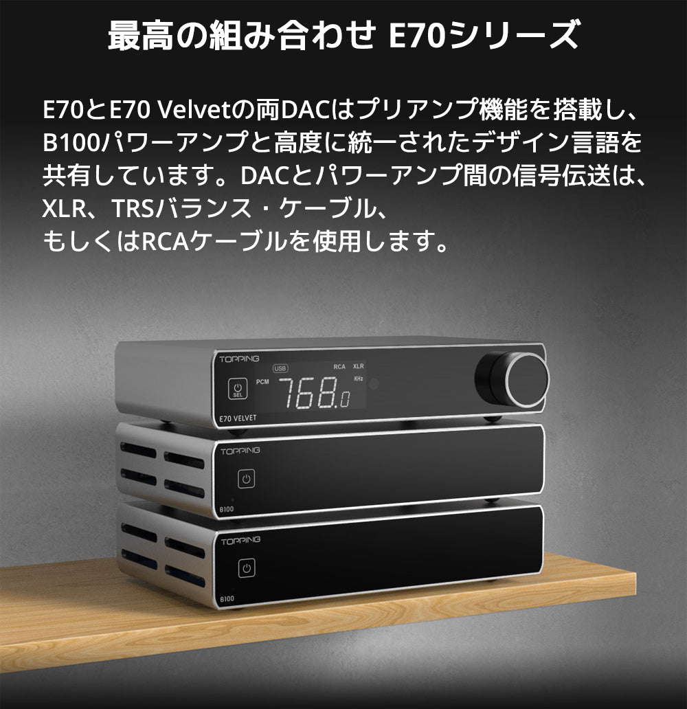 最高の組み合わせ E70シリーズ
E70とE70 Velvetの両DACはプリアンプ機能を搭載し、B100パワーアンプと高度に統一されたデザイン言語を共有しています。
DACとパワーアンプ間の信号伝送は、XLR、TRSバランス・ケーブル、もしくはRCAケーブルを使用します。