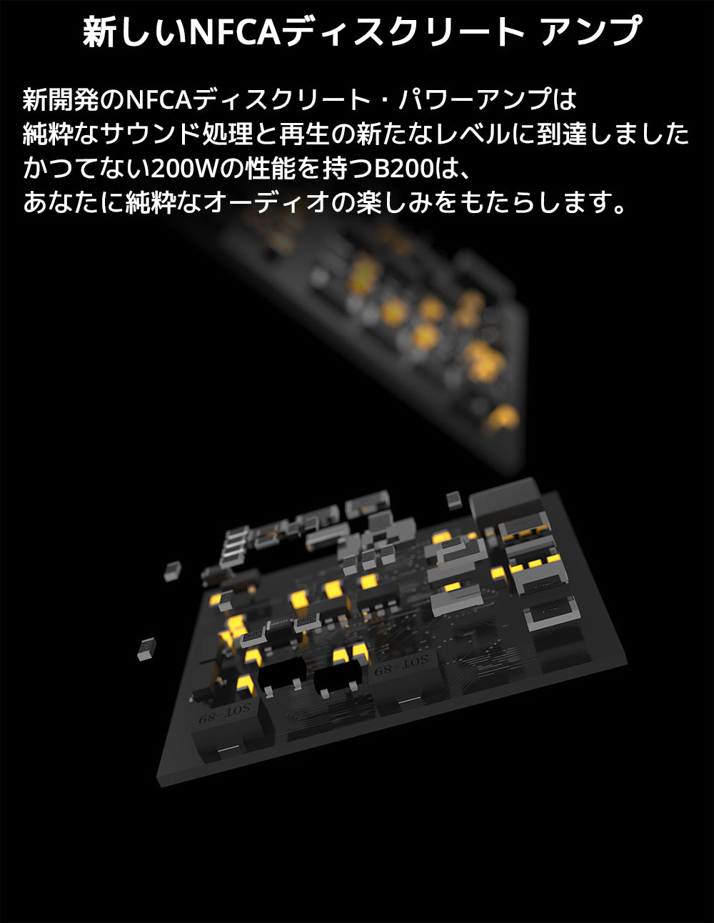 新しいNFCAディスクリート アンプ
新開発のNFCAディスクリート・パワーアンプは純粋なサウンド処理と再生の新たなレベルに到達しました。
かつてない200Wの性能を持つB200は、あなたに純粋なオーディオの楽しみをもたらします。