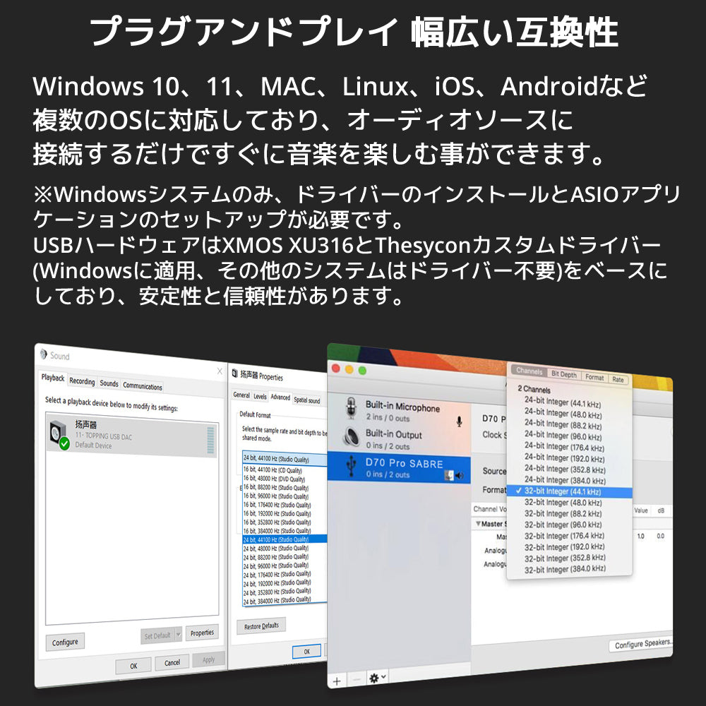 プラグアンドプレイ 幅広い互換性 Windows 10、11、MAC、Linux、iOS、Androidなど複数のOSに対応しており、オーディオソースに接続するだけですぐに音楽を楽しむ事ができます。 ※Windowsシステムのみ、ドライバーのインストールとASIOアプリケーションのセットアップが必要です。 USBハードウェアはXMOS XU316とThesyconカスタムドライバー(Windowsに適用、その他のシステムはドライバー不要)をベースにしており、安定性と信頼性があります。