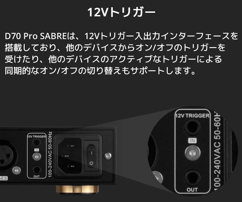12Vトリガー D70 Pro SABREは、12Vトリガー入出力インターフェースを搭載しており、他のデバイスからオン/オフのトリガーを 受けたり、他のデバイスのアクティブなトリガーによる同期的なオン/オフの切り替えもサポートします。