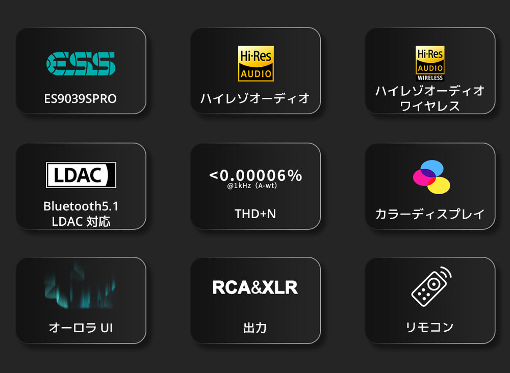 ESS ES9039SPRO DACチップ搭載 ハイレゾオーディオ ハイレゾオーディオワイヤレス Bluetooth5.1 LDAC 対応 THD+N <0.00006% カラーディスプレイv オーロラ UI シングルエンド RCA + バランスXLR 出力 リモコン