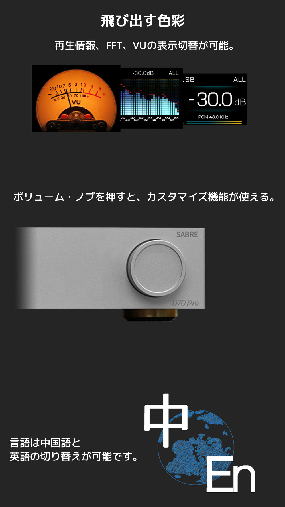 飛び出す色彩 再生情報、FFT、VUの表示切替が可能。 ボリューム・ノブを押すと、カスタマイズ機能が使える。 言語は中国語と英語の切り替えが可能です。