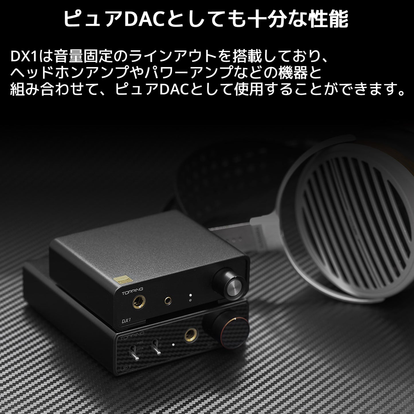 ピュアDACとしても十分な性能 DX1は音量固定のラインアウトを搭載しており、ヘッドホンアンプやパワーアンプなどの機器と組み合わせて、ピュアDACとして使用することができます。
