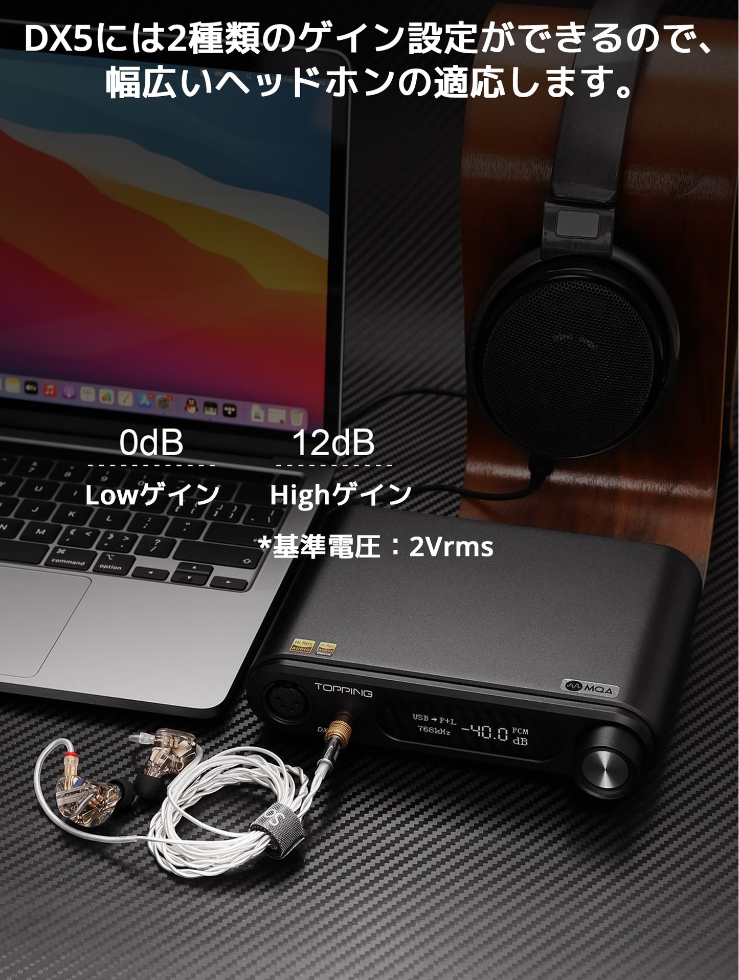 DX5には2種類のゲイン設定ができるので、幅広いヘッドホンの適応します。 低ゲイン : 0dB 高ゲイン : 12dB 基準電圧 : 2Vrms