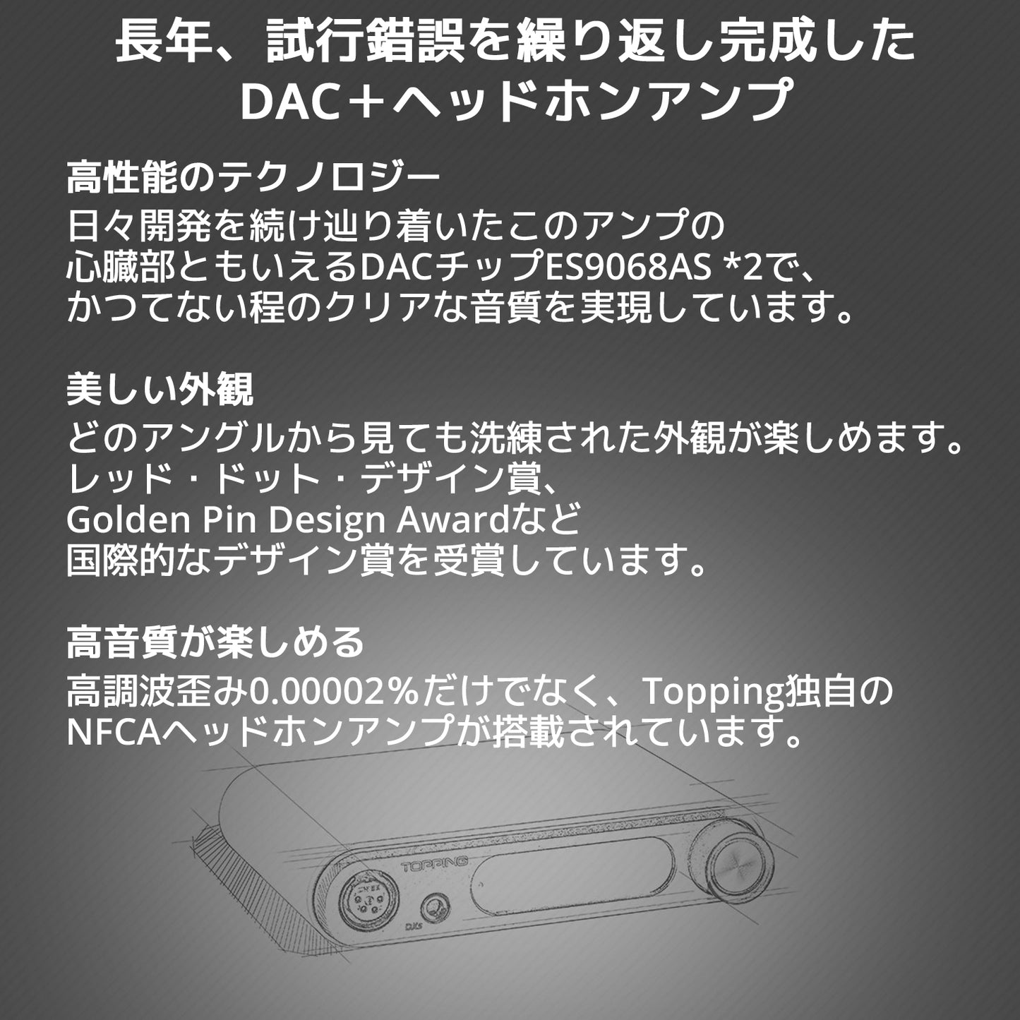長年、試行錯誤を繰り返し完成したDAC+ヘッドホンアンプ 高性能のテクノロジー 日々開発を続け辿り着いたこのアンプの心臓部ともいえるDACチップES9068AS *2で、 かつてない程のクリアな音質を実現しています。 美しい外観 どのアングルから見ても洗練された外観が楽しめます。 レッド・ドット・デザイン賞、Golden Pin Design Awardなど国際的なデザイン賞を受賞しています。 高音質が楽しめる 高調波歪み0.00002%だけでなく、Topping独自のNFCAヘッドホンアンプが搭載されています。