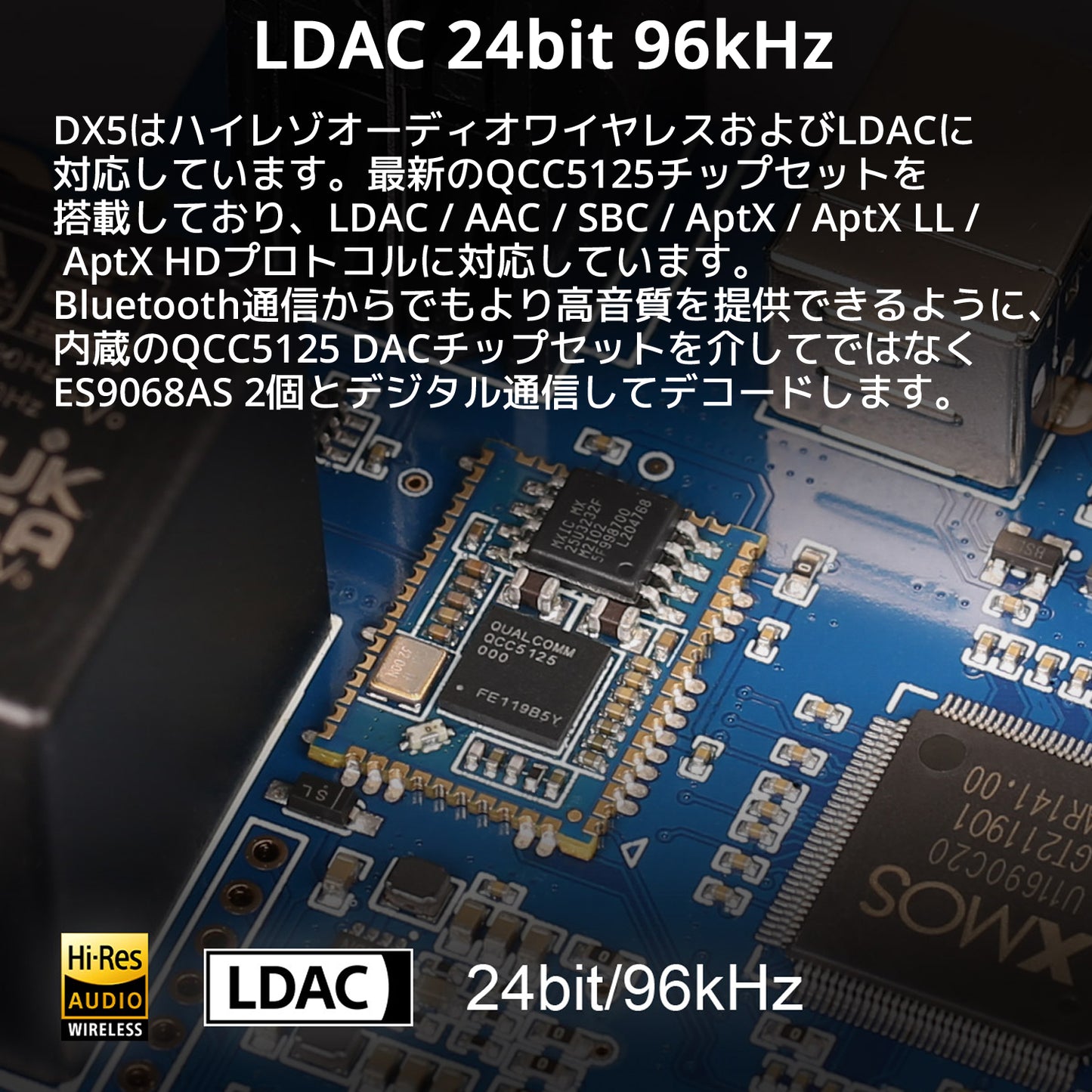 LDAC 24bit 96kHz DX5はハイレゾオーディオワイヤレスおよびLDACに対応しています。 最新のQCC5125チップセットを搭載しており、LDAC / AAC / SBC / AptX / AptX LL / AptX HDプロトコルに対応しています。 Bluetooth通信からでもより高音質を提供できるように、内蔵のQCC5125 DACチップセットを介してではなくES9068AS 2個とデジタル通信してデコードします。