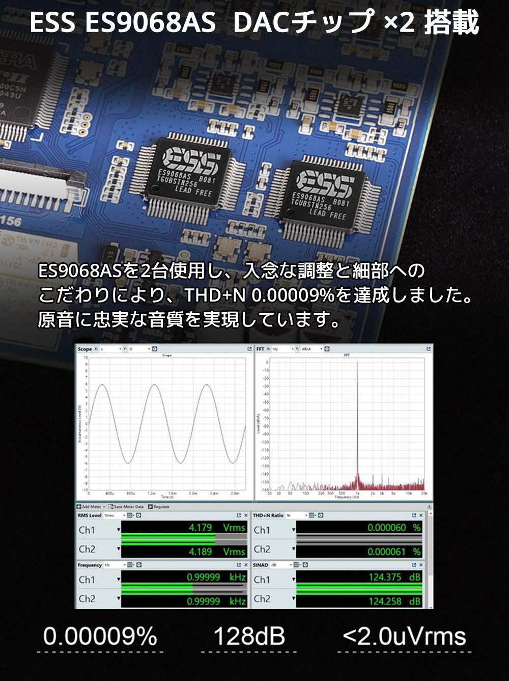ESS ES9068AS DACチップ ×2 搭載 ES9068ASを2台使用し、入念な調整と細部へのこだわりにより、THD+N 0.00009%を達成しました。原音に忠実な音質を実現しています。