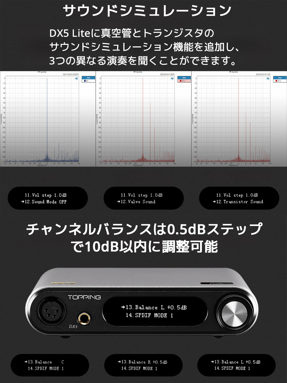 サウンドシミュレーション DX5 Liteに真空管とトランジスタのサウンドシミュレーション機能を追加し、3つの異なる演奏を聞くことができます。