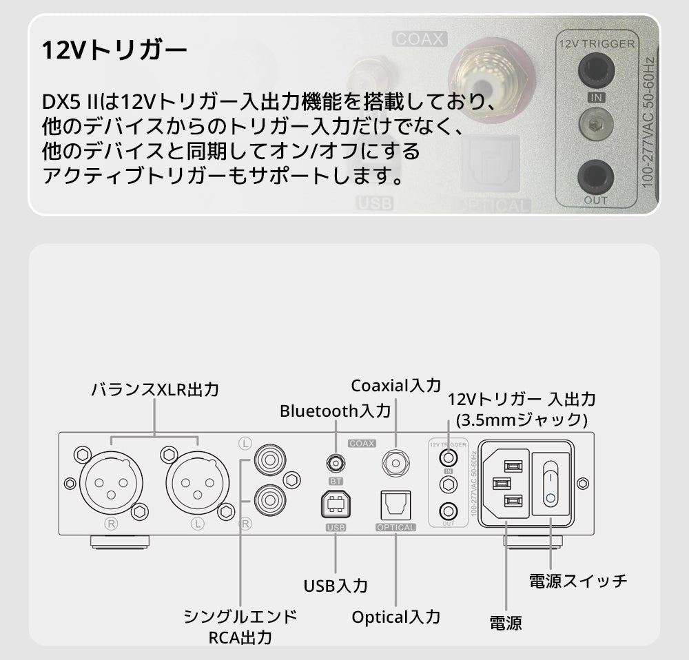 12Vトリガー
DX5 IIは12Vトリガー入出力機能を搭載しており、他のデバイスからのトリガー入力だけでなく、
他のデバイスと同期してオン/オフにするアクティブトリガーもサポートします。