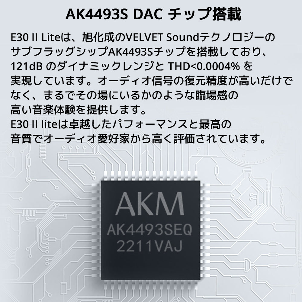 AK4493S DAC チップ搭載 E30 II Liteは、旭化成のVELVET SoundテクノロジーのサブフラッグシップAK4493Sチップを搭載しており、 121dB のダイナミックレンジと THD<0.0004% を実現しています。オーディオ信号の復元精度が高いだけでなく、 まるでその場にいるかのような臨場感の高い音楽体験を提供します。 E30 II liteは卓越したパフォーマンスと最高の音質でオーディオ愛好家から高く評価されています。