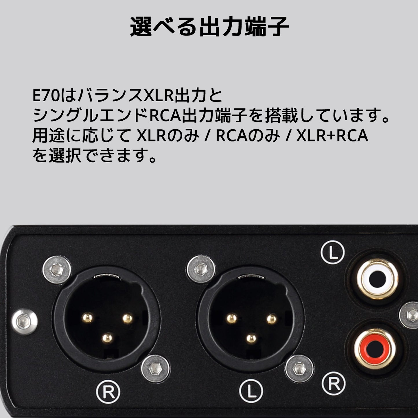 選べる出力端子 E70はバランスXLR出力とシングルエンドRCA出力端子を搭載しています。 用途に応じて XLRのみ / RCAのみ / XLR+RCAを選択できます。