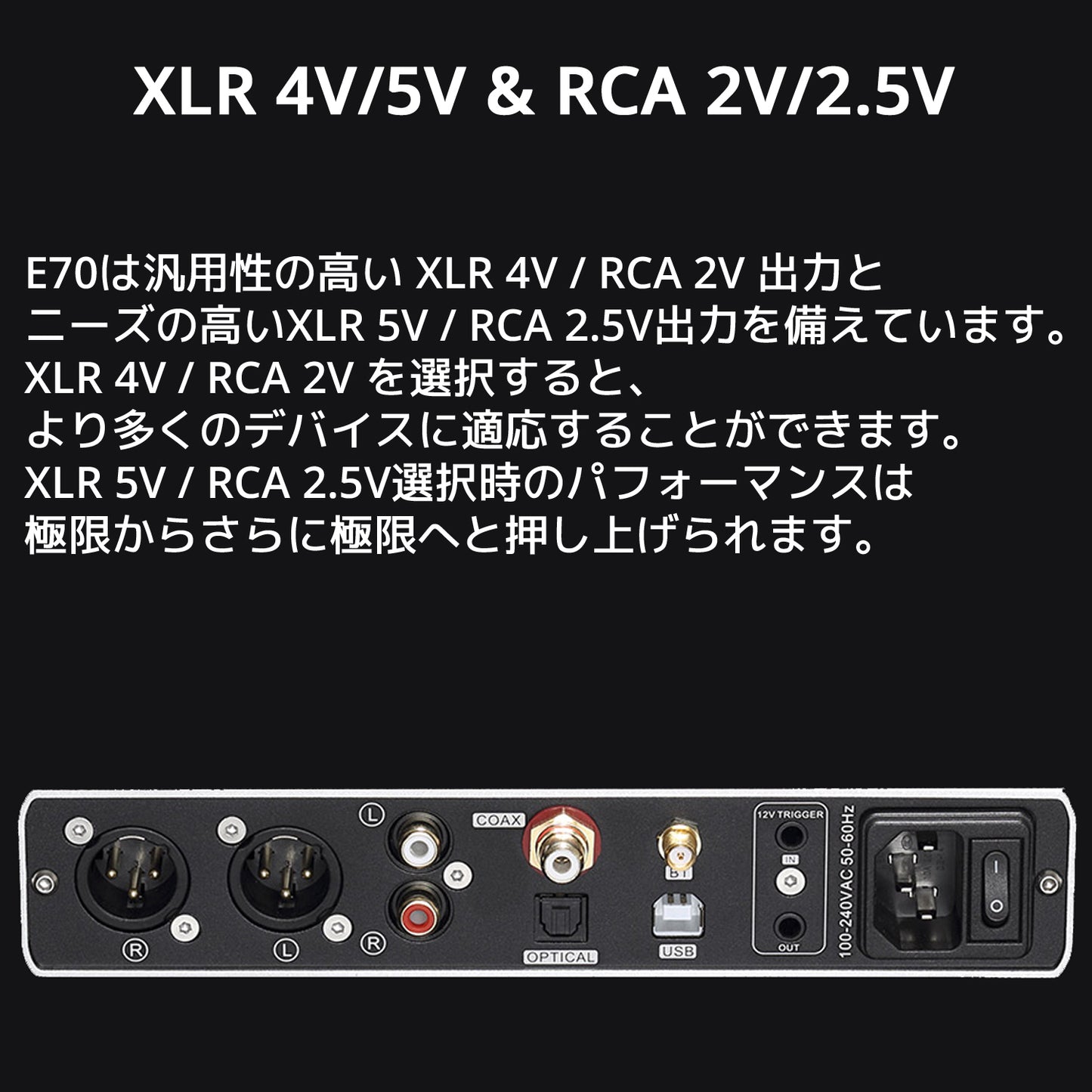 XLR 4V/5V & RCA 2V/2.5V E70は汎用性の高い XLR 4V / RCA 2V 出力とニーズの高いXLR 5V / RCA 2.5V出力を備えています。 XLR 4V / RCA 2V を選択すると、より多くのデバイスに適応することができます。 XLR 5V / RCA 2.5V選択時のパフォーマンスは極限からさらに極限へと押し上げられます。