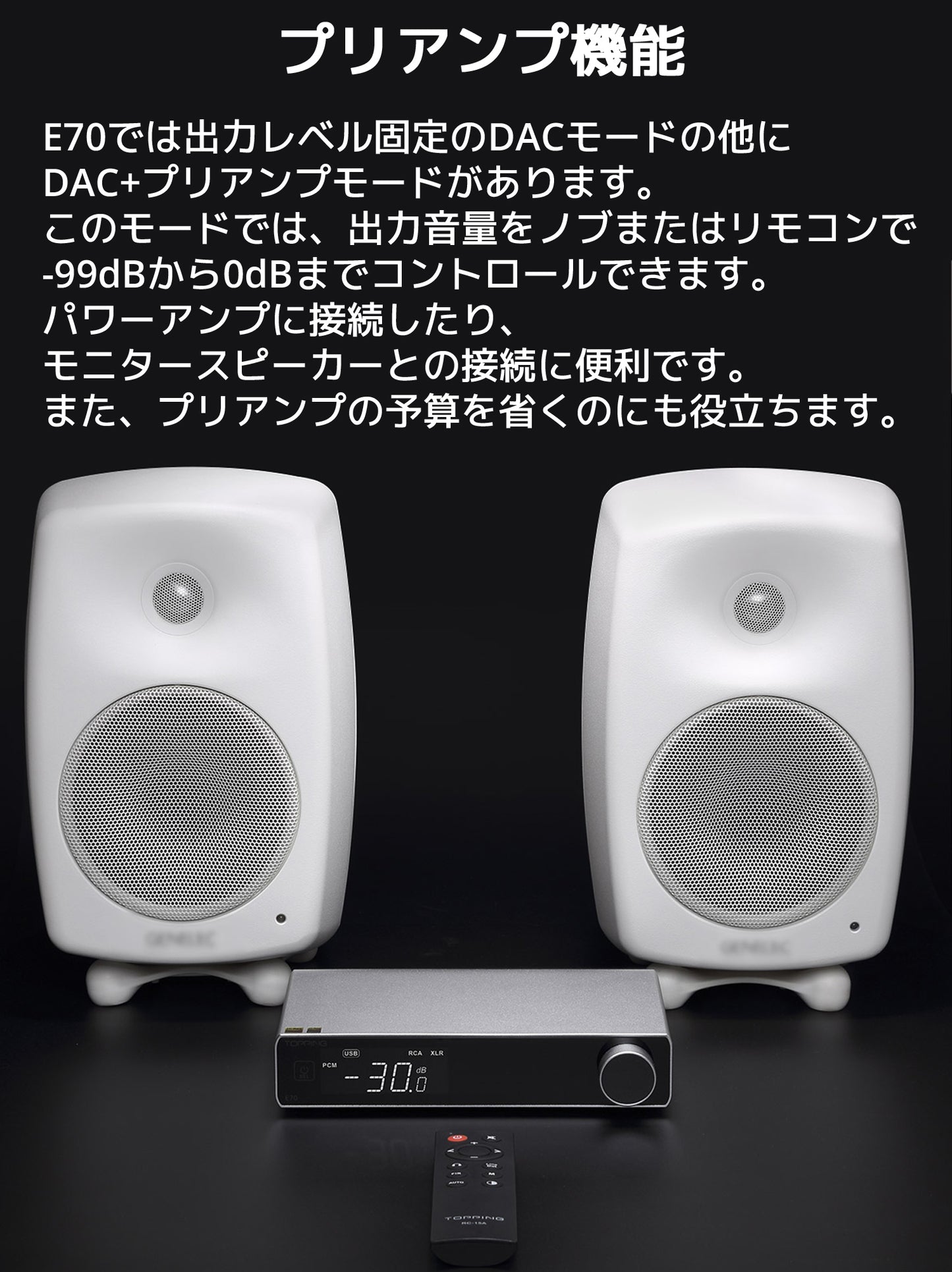 プリアンプ機能 E70では出力レベル固定のDACモードの他にDAC+プリアンプモードがあります。 このモードでは、出力音量をノブまたはリモコンで-99dBから0dBまでコントロールできます。 パワーアンプに接続したり、モニタースピーカーとの接続に便利です。 また、プリアンプの予算を省くのにも役立ちます。
