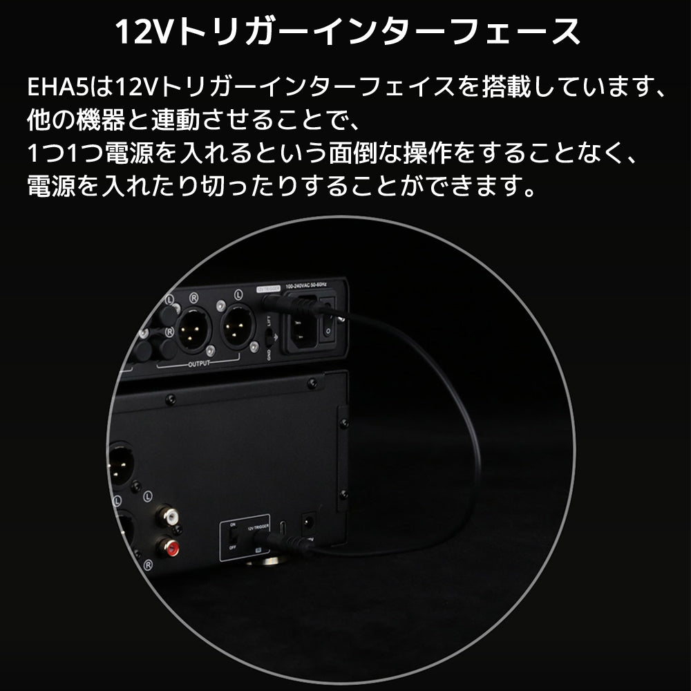 12Vトリガーインターフェース EHA5は12Vトリガーインターフェイスを搭載しています。 他の機器と連動させることで、1つ1つ電源を入れるという面倒な操作をすることなく、電源を入れたり切ったりすることができます。