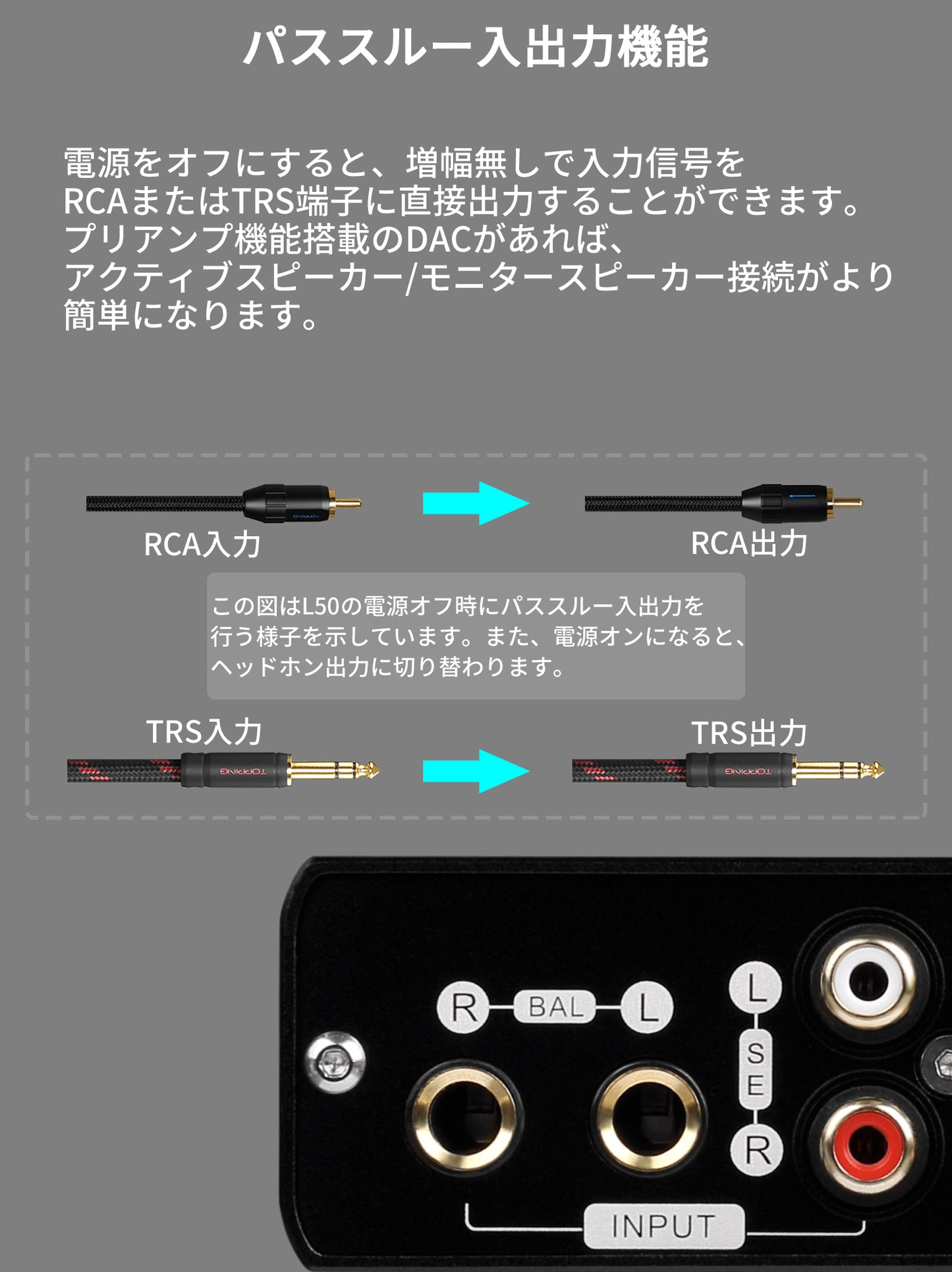 パススルー入出力機能 電源をオフにすると、増幅無しで入力信号をRCAまたはTRS端子に直接出力することができます。 プリアンプ機能搭載のDACがあれば、アクティブスピーカー/モニタースピーカー接続がより簡単になります。