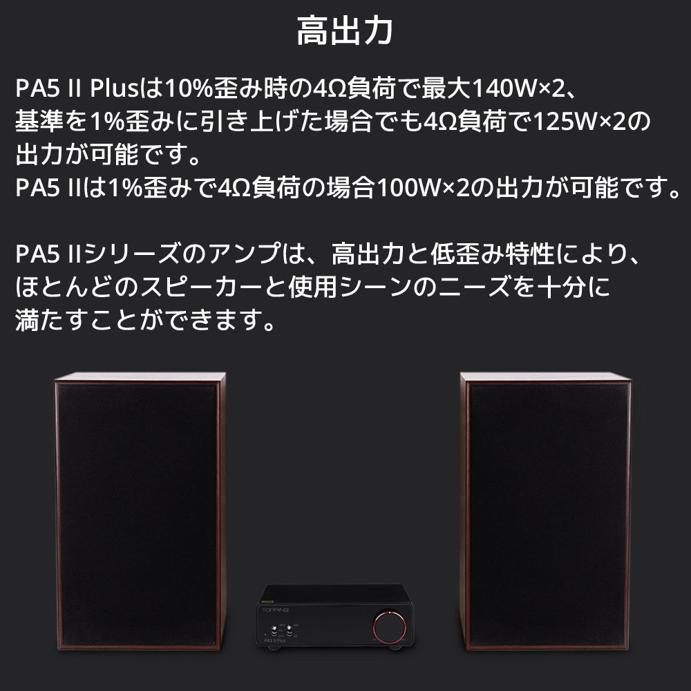 高出力 PA5 II Plusは10%歪み時の4Ω負荷で最大140W×2、基準を1%歪みに引き上げた場合でも4Ω負荷で125W×2の出力が可能です。 PA5 IIは1%歪みで4Ω負荷の場合100W×2の出力が可能です。 PA5 IIシリーズのアンプは、高出力と低歪み特性により、ほとんどのスピーカーと使用シーンのニーズを十分に満たすことができます。