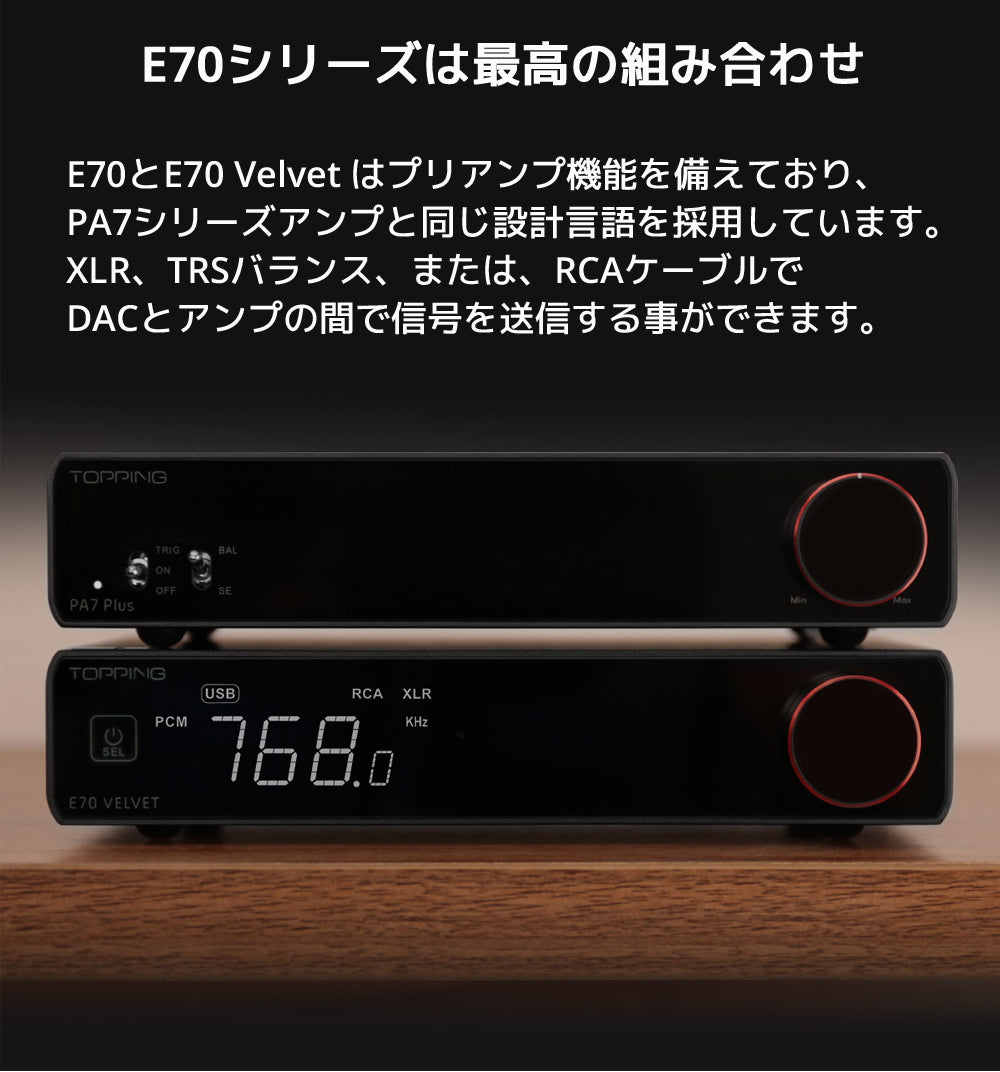 E70シリーズは最高の組み合わせ E70とE70 Velvet はプリアンプ機能を備えており、PA7シリーズアンプと同じ設計言語を採用しています。 XLR、TRSバランス、または、RCAケーブルでDACとアンプの間で信号を送信する事ができます。