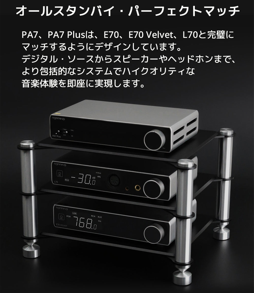 オールスタンバイ・パーフェクトマッチ PA7、PA7 Plusは、E70、E70 Velvet、L70と完璧にマッチするようにデザインしています。 デジタル・ソースからスピーカーやヘッドホンまで、より包括的なシステムでハイクオリティな音楽体験を即座に実現します。