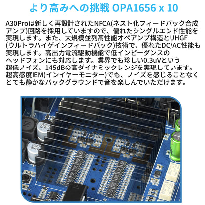 より高みへの挑戦 OPA1656 x 10 A30Proは新しく再設計されたNFCA（ネスト化フィードバック合成アンプ）回路を採用していますので、優れたシングルエンド性能を実現します。 また、大規模並列高性能オペアンプ構造とUHGF（ウルトラハイゲインフィードバック）技術で、優れたDC/AC性能も実現します。高出力電流駆動機能で低インピーダンスのヘッドフォンにも対応します。 業界でも珍しい0.3uVという超低ノイズ、145dBの高ダイナミックレンジを実現しています。超高感度IEM（インイヤーモニター）でも、ノイズを感じることなくとても静かなバックグラウンドで音を楽しんでいただけます。