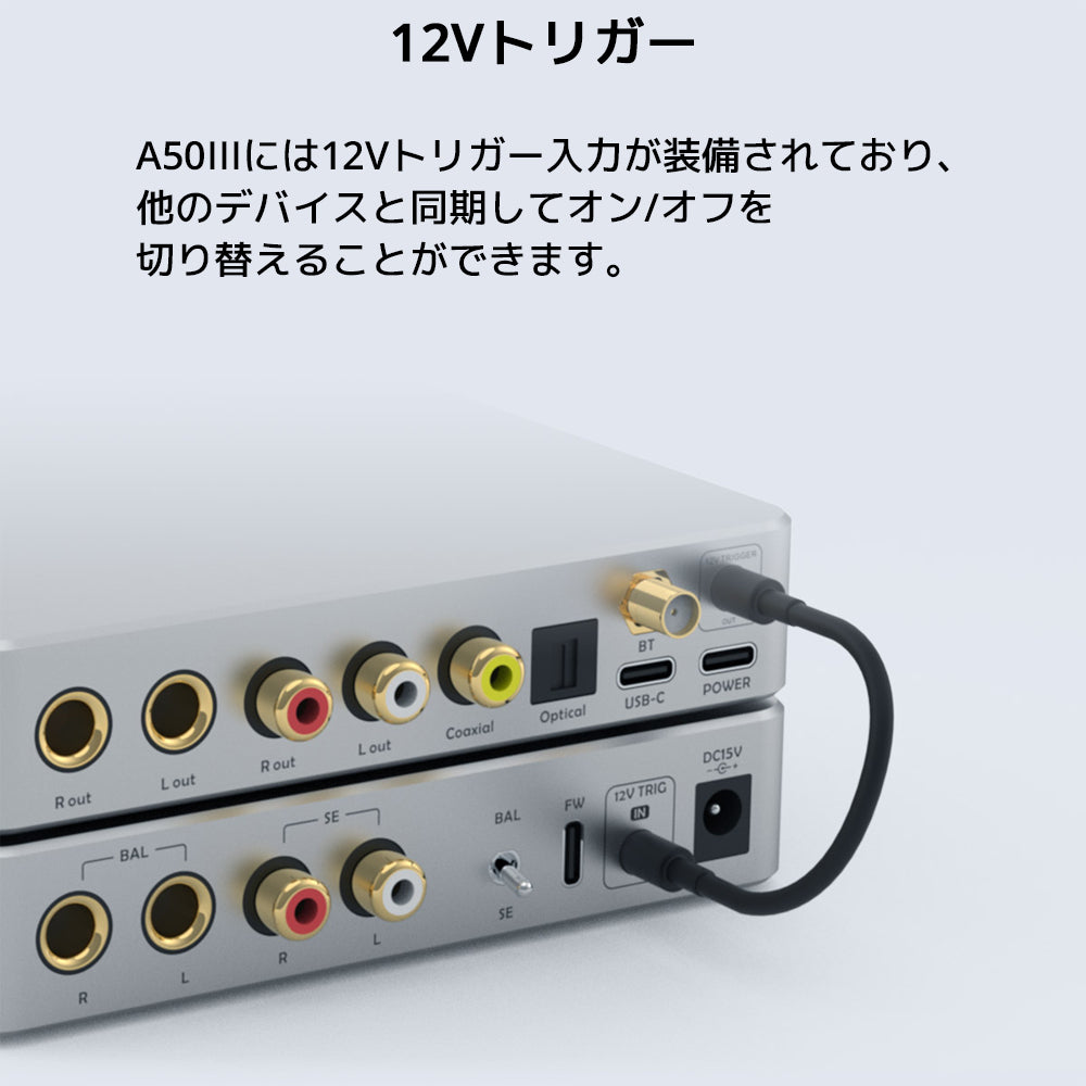 12Vトリガー
A50IIIには12Vトリガー入力が装備されており、他のデバイスと同期してオン/オフを切り替えることができます。
