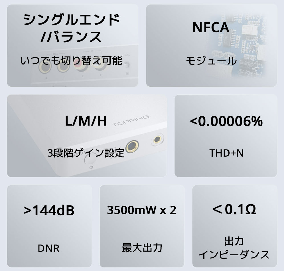 シングルエンド / バランス いつでも切り替え可能
NFCAモジュール
L/M/H 3段階ゲイン設定
THD+N <0.00006%
DNR >144dB
最大出力 3500mW x 2
出力インピーダンス <0.1Ω
