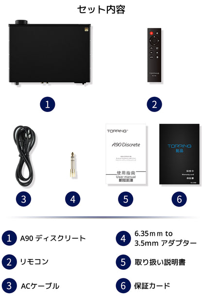 セット内容 A90 ディスクリート リモコン ACケーブル 6.35ｍｍ to 3.5mm アダプター 取り扱い説明書 保証カード