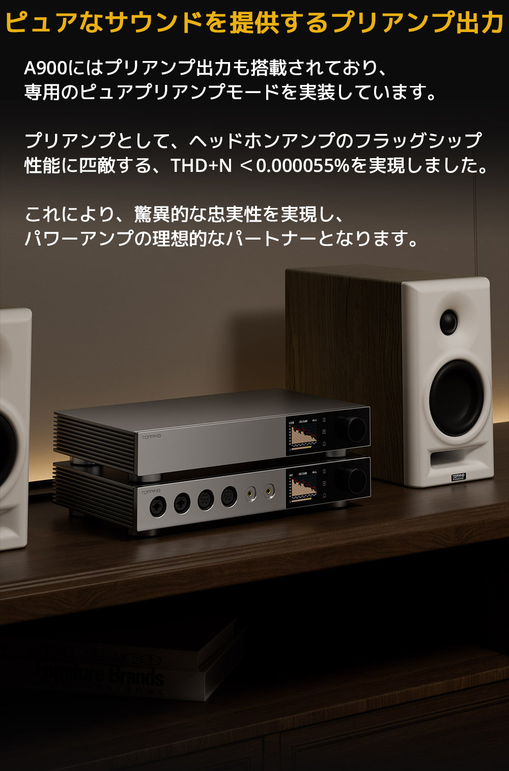 ピュアなサウンドを提供するプリアンプ出力
A900にはプリアンプ出力も搭載されており、専用のピュアプリアンプモードを実装しています。
プリアンプとして、ヘッドホンアンプのフラッグシップ性能に匹敵する、THD+N ＜0.000055%を実現しました。
これにより、驚異的な忠実性を実現し、パワーアンプの理想的なパートナーとなります。