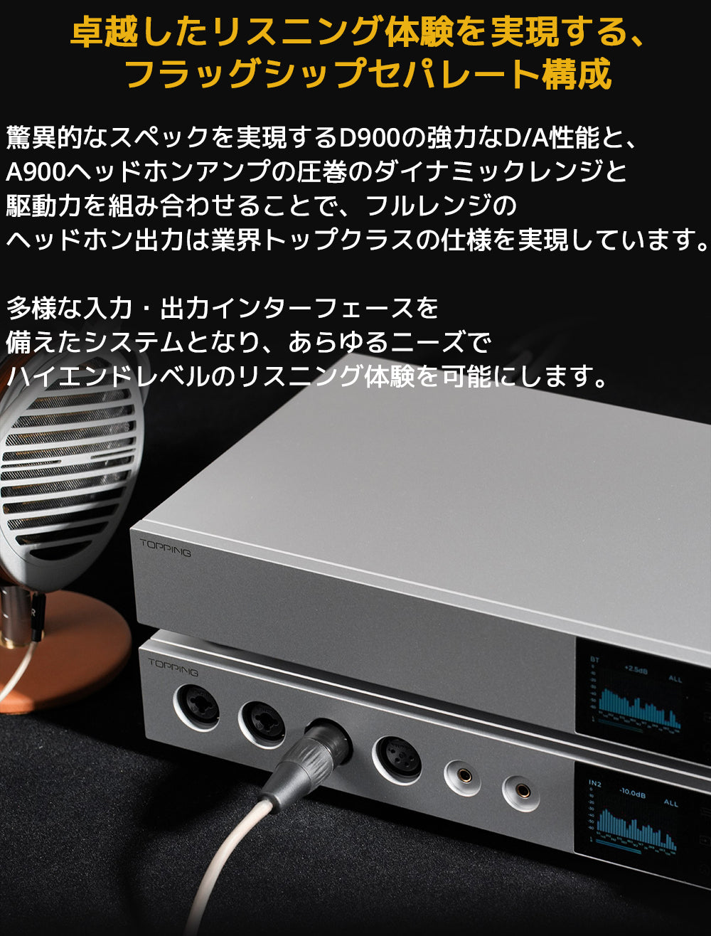 卓越したリスニング体験を実現する、フラッグシップセパレート構成
驚異的なスペックを実現するD900の強力なD/A性能と、A900ヘッドホンアンプの圧巻のダイナミックレンジと駆動力を組み合わせることで、フルレンジのヘッドホン出力は業界トップクラスの仕様を実現しています。
多様な入力・出力インターフェースを備えたシステムとなり、あらゆるニーズでハイエンドレベルのリスニング体験を可能にします。