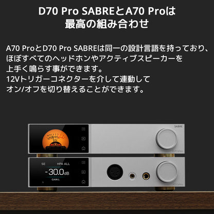D70 Pro SABREとA70 Proは最高の組み合わせ A70 ProとD70 Pro SABREは同一の設計言語を持っており、ほぼすべてのヘッドホンやアクティブスピーカーを上手く鳴らす事ができます。 12Vトリガーコネクターを介して連動してオン/オフを切り替えることができます。