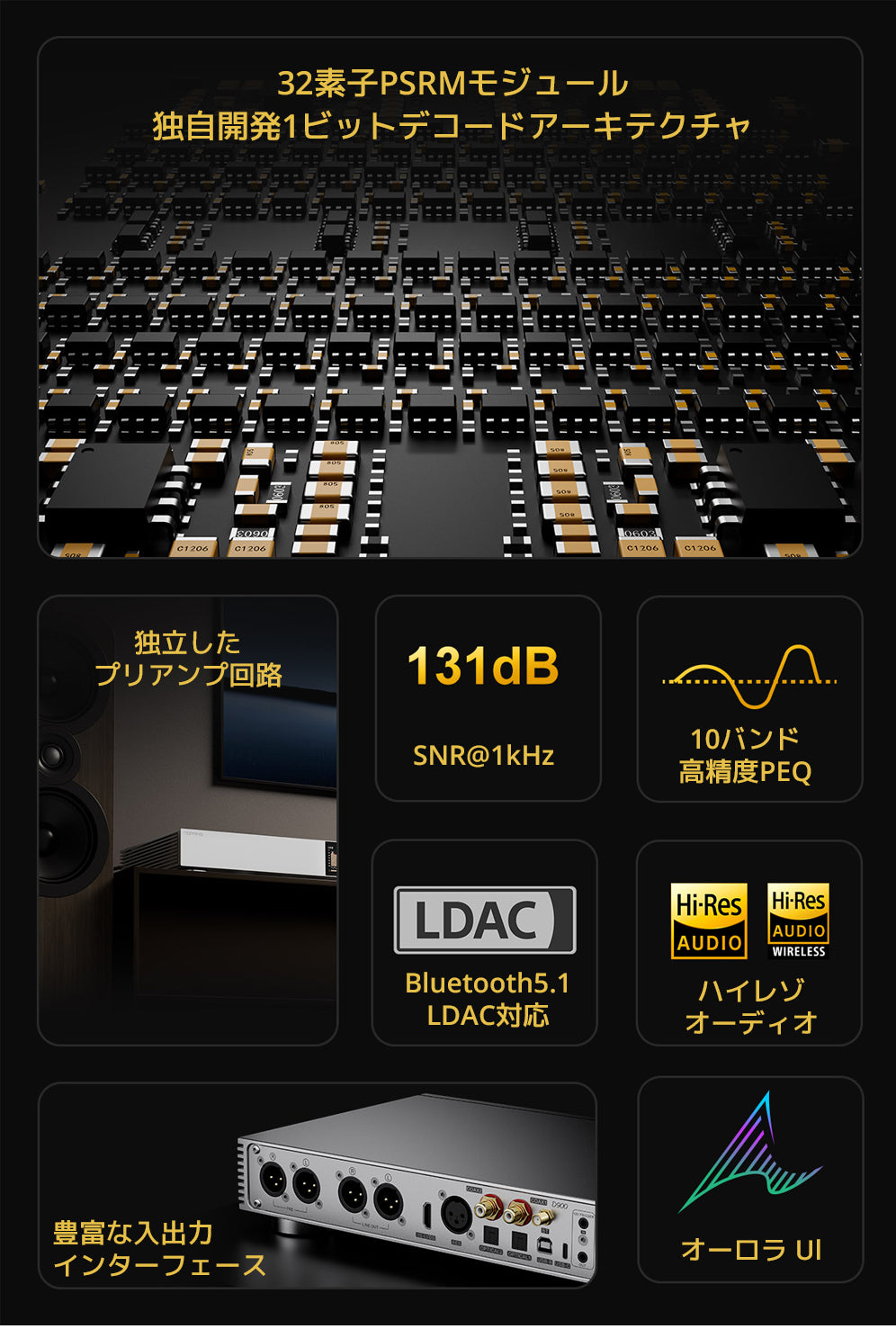 主な特徴
32素子PSRMモジュール
独自開発1ビットデコードアーキテクチャ
独立したプリアンプ回路
SNR@1kHz 131dB
10バンド高精度PEQ
Bluetooth5.1 LDAC対応
ハイレゾ オーディオ認定
豊富な入出力インターフェース
オーロラUI