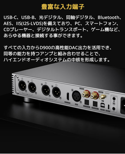 豊富な入力端子
USB-C、USB-B、光デジタル、同軸デジタル、Bluetooth、AES、IIS(I2S-LVDS)を備えており、PC、スマートフォン、
CDプレーヤー、デジタルトランスポート、ゲーム機など、あらゆる機器と接続する事ができます。

すべての入力からD900の高性能DAC出力を活用でき、同等の能力を持つアンプと組み合わせることで、ハイエンドオーディオシステムの中核を形成します。