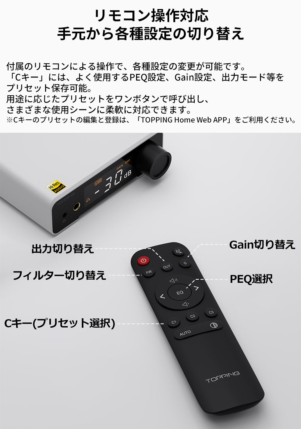 リモコン操作対応
手元から各種設定の切り替え
付属のリモコンによる操作で、各種設定の変更が可能です。

「Cキー」には、よく使用するPEQ設定、Gain設定、出力モード等をプリセット保存可能。
用途に応じたプリセットをワンボタンで呼び出し、さまざまな使用シーンに柔軟に対応できます。

※Cキーのプリセットの編集と登録は、「TOPPING Home Web APP」をご利用ください。
