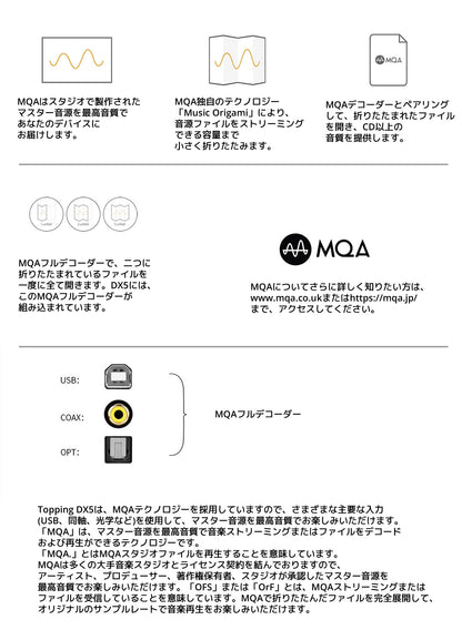 MQAはスタジオで製作されたマスター音源を最高音質で あなたのデバイスにお届けします。   MQA独自のテクノロジー 「Music Origami」により、音源ファイルをストリーミングできる容量まで小さく折りたたみます。   MQAデコーダーとペアリングして、折りたたまれたファイルを開き、 CD以上の音質を提供します。   MQAフルデコーダーで、二つに折りたたまれているファイルを一度に全て開きます。 DX5には、このMQAフルデコーダーが組み込まれています。