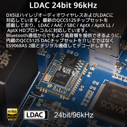 LDAC 24bit 96kHz DX5はハイレゾオーディオワイヤレスおよびLDACに対応しています。 最新のQCC5125チップセットを搭載しており、LDAC / AAC / SBC / AptX / AptX LL / AptX HDプロトコルに対応しています。 Bluetooth通信からでもより高音質を提供できるように、内蔵のQCC5125 DACチップセットを介してではなくES9068AS 2個とデジタル通信してデコードします。
