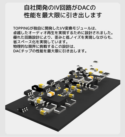 自社開発のIV回路がDACの性能を最大限に引き出します
TOPPINGが独自に開発したI/V変換モジュールは、卓越したオーディオ再生を実現するために設計されました。
優れた回路設計により、歪みと低ノイズを実現しながらも、省スペース化を実現しています。
物理的な限界に挑戦するこの設計は、DACチップの性能を最大限に引き出します。