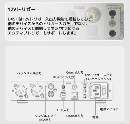 12Vトリガー
DX5 IIは12Vトリガー入出力機能を搭載しており、他のデバイスからのトリガー入力だけでなく、
他のデバイスと同期してオン/オフにするアクティブトリガーもサポートします。