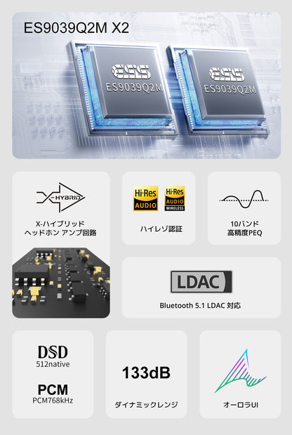 ES9039Q2M X2
X-ハイブリッドヘッドホン アンプ回路
ハイレゾ認証
10バンド 高精度PEQ
BT 5.1 LDAC 対応
DSD 512native PCM 768kHz
133dB ダイナミックレンジ