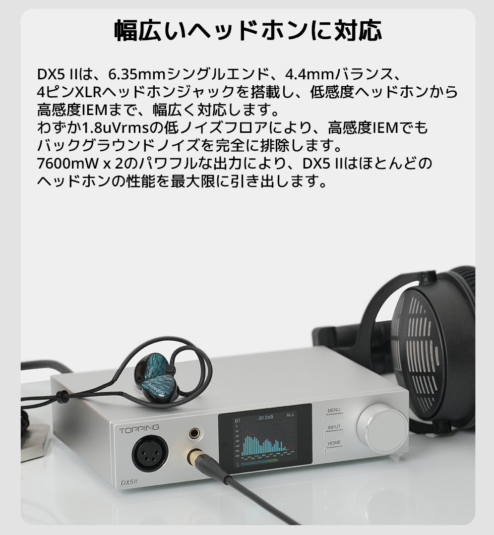 幅広いヘッドホンに対応
DX5 IIは、6.35mmシングルエンド、4.4mmバランス、4ピンXLRヘッドホンジャックを搭載し、低感度ヘッドホンから高感度IEMまで、幅広く対応します。
わずか1.8uVrmsの低ノイズフロアにより、高感度IEMでもバックグラウンドノイズを完全に排除します。
7600mW x 2のパワフルな出力により、DX5 IIはほとんどのヘッドホンの性能を最大限に引き出します。