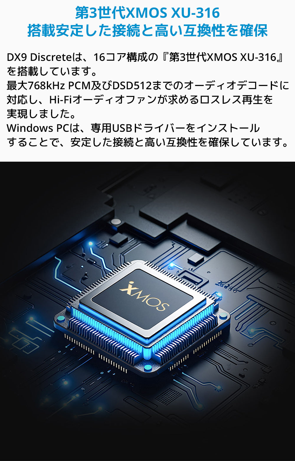 第3世代XMOS XU-316搭載 安定した接続と高い互換性を確保
DX9 Discreteは、16コア構成の「第3世代XMOS XU-316」を搭載しています。
最大768kHz PCM及びDSD512までのオーディオデコードに対応し、Hi-Fiオーディオファンが求めるロスレス再生を実現しました。
Windows PCは、専用USBドライバーをインストールすることで、安定した接続と高い互換性を確保しています。
