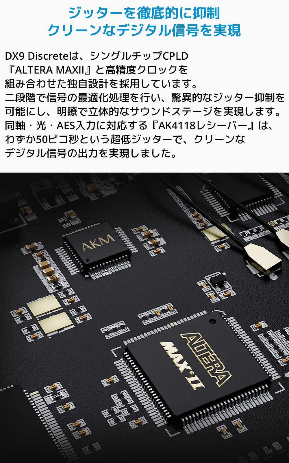 ジッターを徹底的に抑制 クリーンなデジタル信号を実現
DX9 Discreteは、シングルチップCPLD「ALTERA MAX II」と高精度クロックを組み合わせた独自設計を採用しています。
二段階で信号の最適化処理を行い、驚異的なジッター抑制を可能にし、明瞭で立体的なサウンドステージを実現します。
同軸・光・AES入力に対応する「AK4118レシーバー」は、わずか50ピコ秒という超低ジッターで、クリーンなデジタル信号の出力を実現しました。
