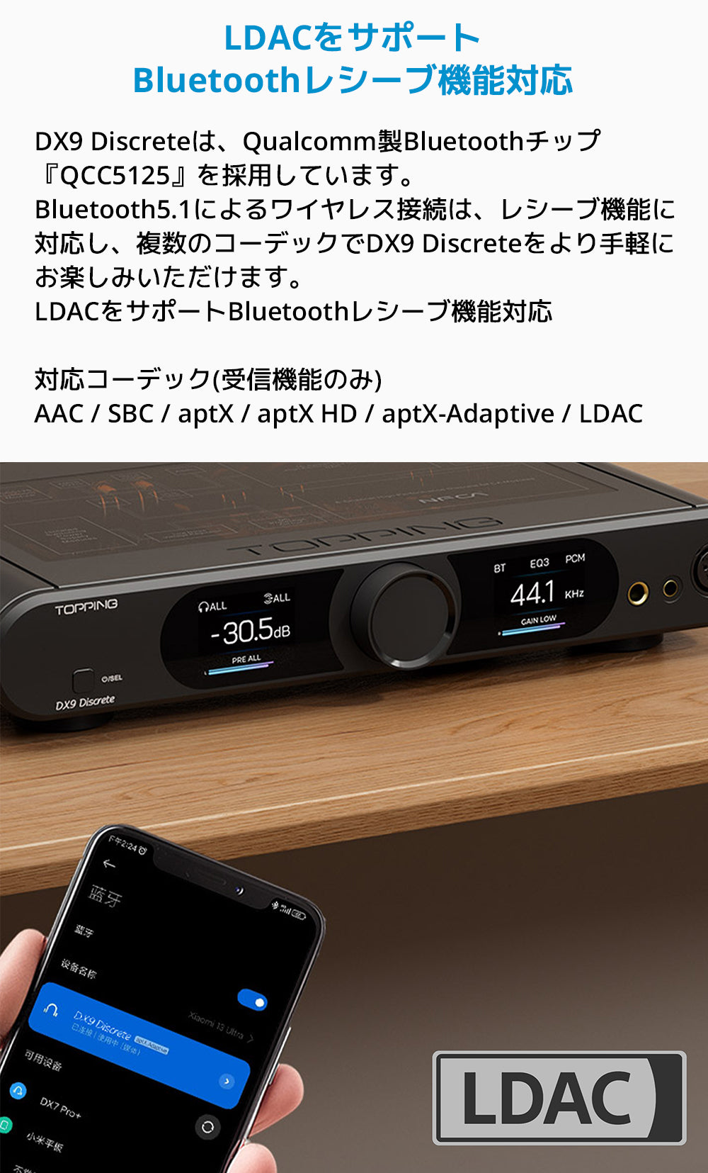 LDACをサポート Bluetoothレシーブ機能対応
DX9 Discreteは、Qualcomm製Bluetoothチップ「QCC5125」を採用しています。
Bluetooth5.1によるワイヤレス接続は、レシーブ機能に対応し、複数のコーデックでDX9 Discreteをより手軽にお楽しみいただけます。
LDACをサポート
Bluetoothレシーブ機能対応対応コーデック(受信機能のみ)
AAC / SBC / aptX / aptX HD / aptX-Adaptive / LDAC
※機能の利用には、付属品のアンテナパーツを製品背面パネルに装着する必要がございます。
