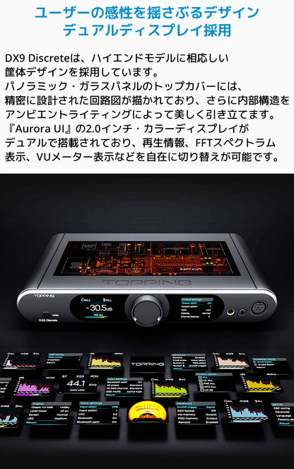 ユーザーの感性を揺さぶるデザイン デュアルディスプレイ採用
DX9 Discreteは、ハイエンドモデルに相応しい筐体デザインを採用しています。
パノラミック・ガラスパネルのトップカバーには、精密に設計された回路図が描かれており、さらに内部構造をアンビエントライティングによって美しく引き立てます。
「Aurora UI」の2.0インチ・カラーディスプレイがデュアルで搭載されており、再生情報、FFTスペクトラム表示、VUメーター表示などを自在に切り替えが可能です。