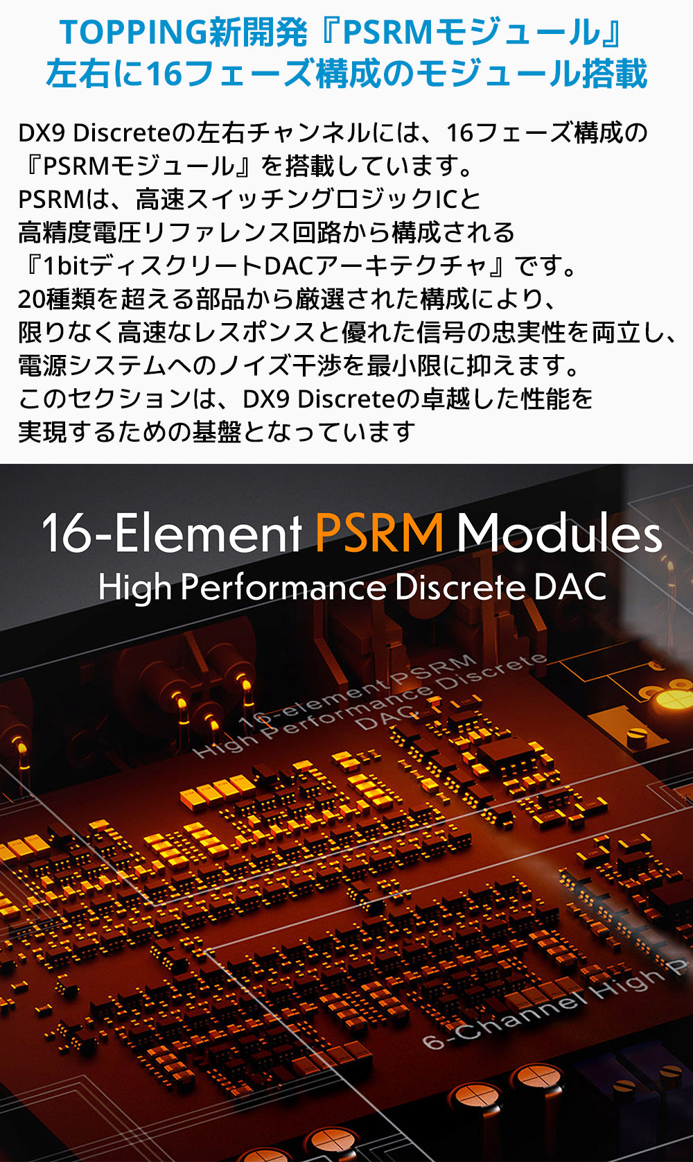 TOPPING新開発「PSRMモジュール」 左右に16フェーズ構成のモジュール搭載
DX9 Discreteの左右チャンネルには、16フェーズ構成の「PSRMモジュール」を搭載しています。
PSRMは、高速スイッチングロジックICと高精度電圧リファレンス回路から構成される「1bitディスクリートDACアーキテクチャ」です。
20種類を超える部品から厳選された構成により、限りなく高速なレスポンスと優れた信号の忠実性を両立し、電源システムへのノイズ干渉を最小限に抑えます。
このセクションは、DX9 Discreteの卓越した性能を実現するための基盤となっています。
