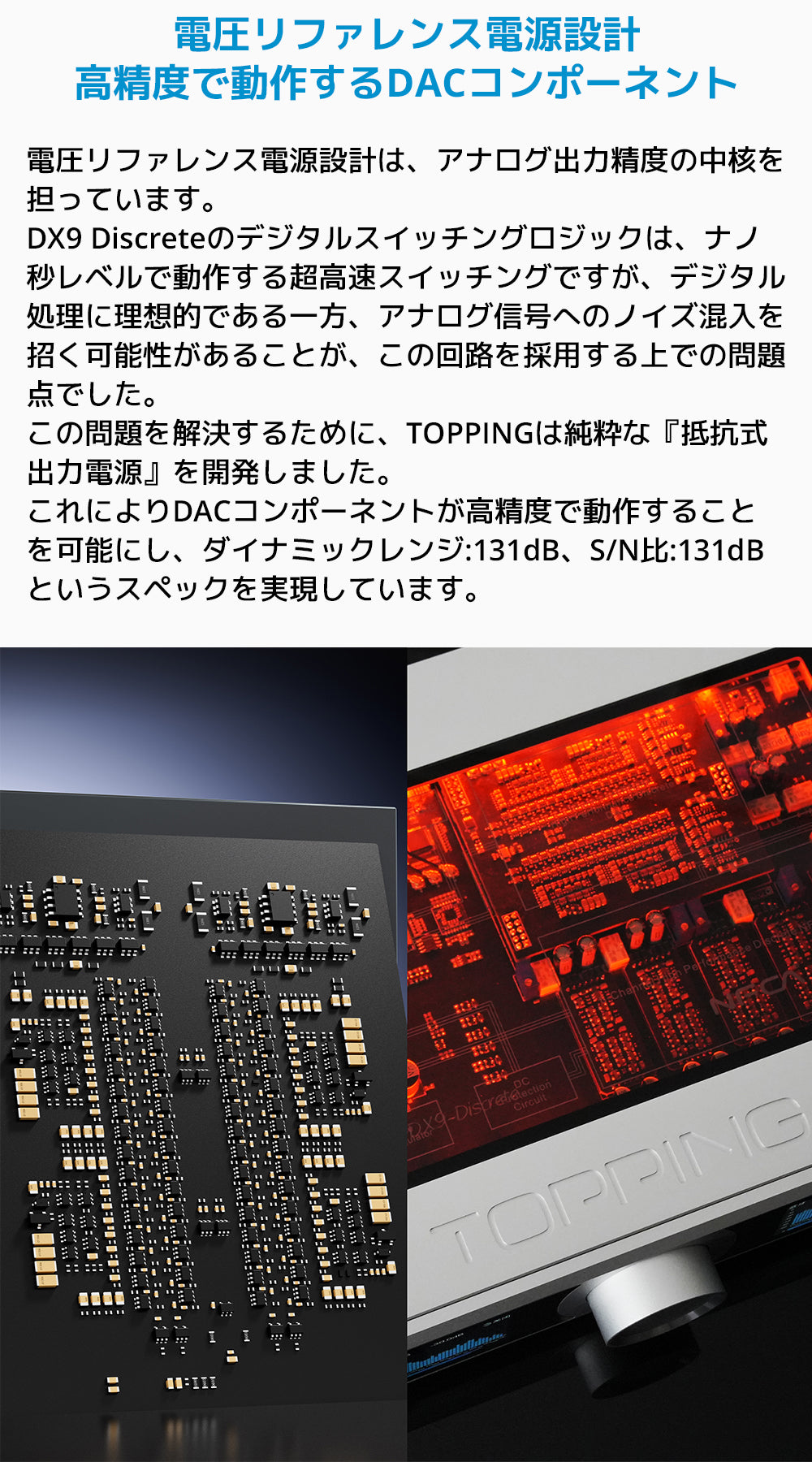 電圧リファレンス電源設計 高精度で動作するDACコンポーネント
電圧リファレンス電源設計は、アナログ出力精度の中核を担っています。
DX9 Discreteのデジタルスイッチングロジックは、ナノ秒レベルで動作する超高速スイッチングですが、
デジタル処理に理想的である一方、アナログ信号へのノイズ混入を招く可能性があることが、この回路を採用する上での問題点でした。
この問題を解決するために、TOPPINGは純粋な「抵抗式出力電源」を開発しました。
これによりDACコンポーネントが高精度で動作することを可能にし、ダイナミックレンジ:131dB、S/N比:131dBというスペックを実現しています。
