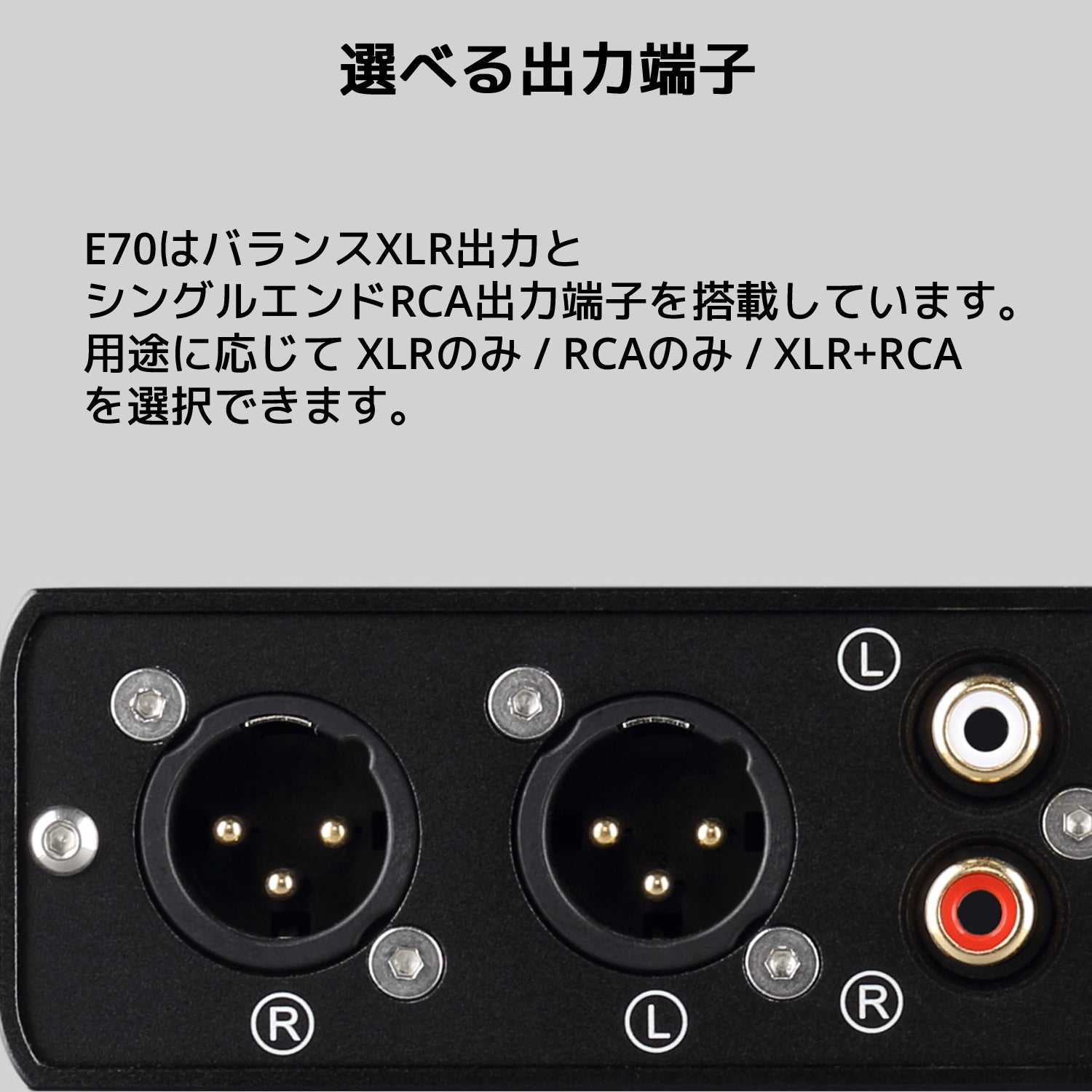 選べる出力端子 E70はバランスXLR出力とシングルエンドRCA出力端子を搭載しています。 用途に応じて XLRのみ / RCAのみ / XLR+RCAを選択できます。