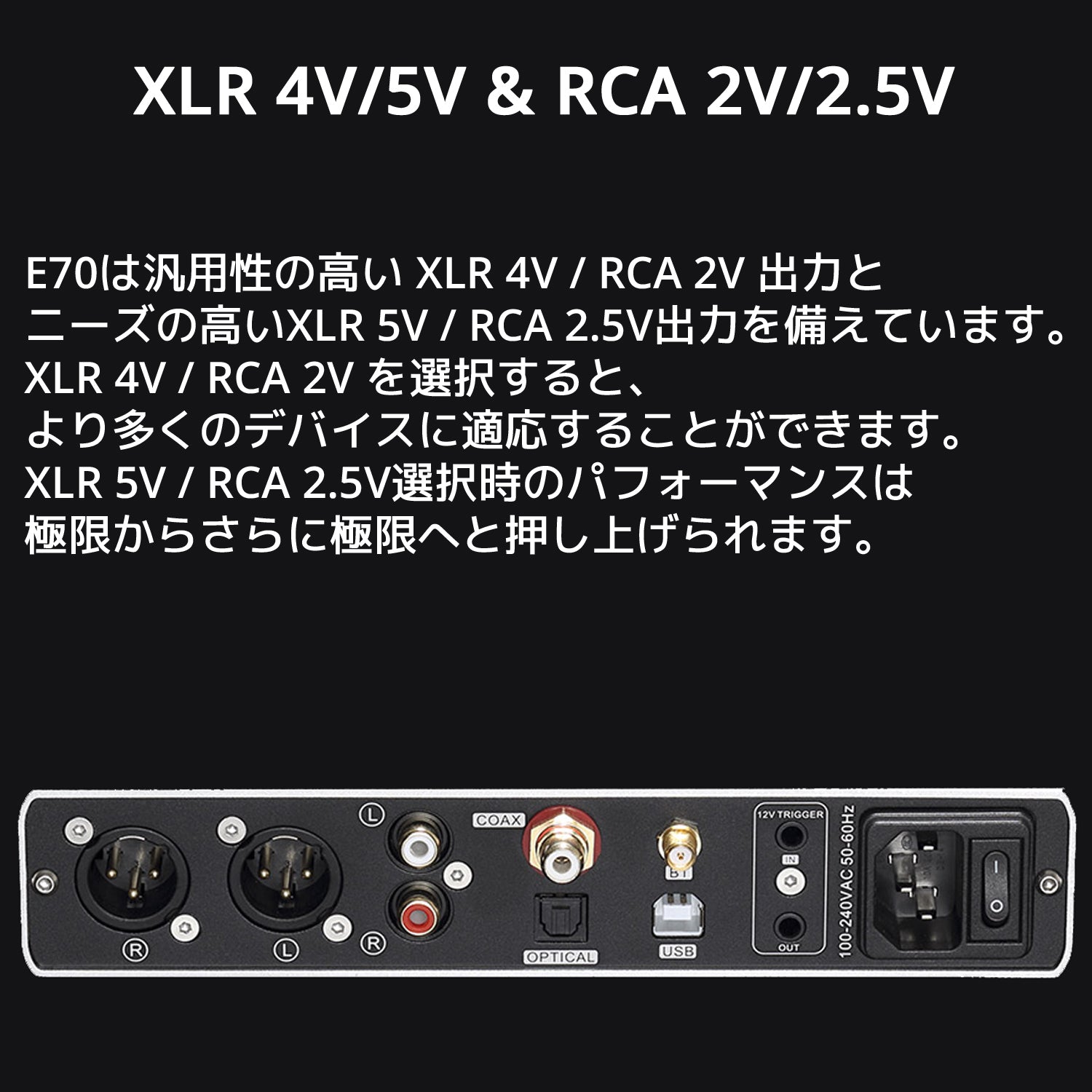 XLR 4V/5V & RCA 2V/2.5V E70は汎用性の高い XLR 4V / RCA 2V 出力とニーズの高いXLR 5V / RCA 2.5V出力を備えています。 XLR 4V / RCA 2V を選択すると、より多くのデバイスに適応することができます。 XLR 5V / RCA 2.5V選択時のパフォーマンスは極限からさらに極限へと押し上げられます。