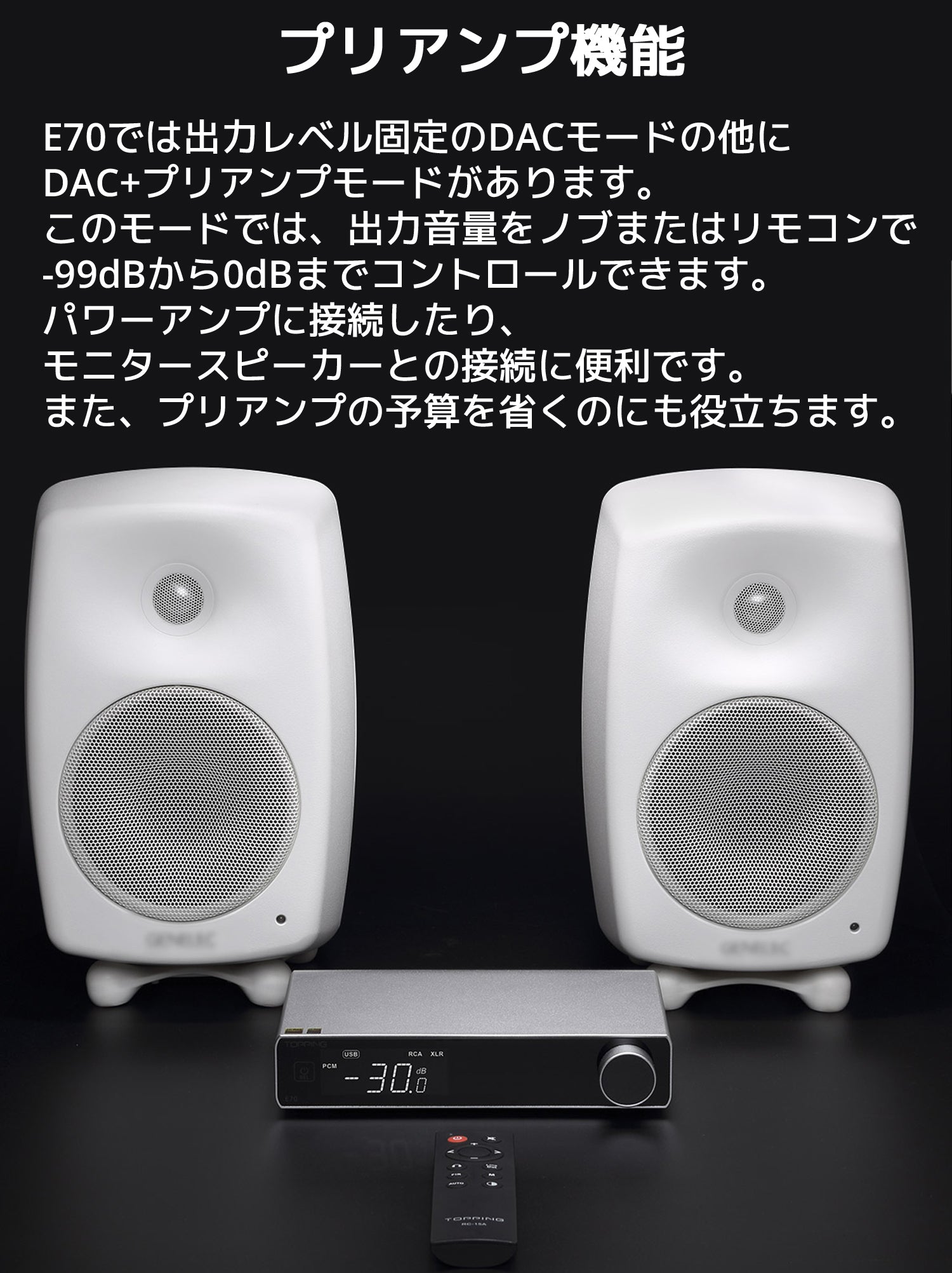プリアンプ機能 E70では出力レベル固定のDACモードの他にDAC+プリアンプモードがあります。 このモードでは、出力音量をノブまたはリモコンで-99dBから0dBまでコントロールできます。 パワーアンプに接続したり、モニタースピーカーとの接続に便利です。 また、プリアンプの予算を省くのにも役立ちます。