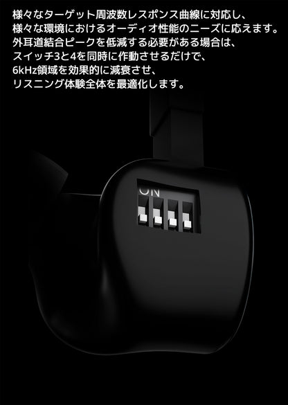 様々なターゲット周波数レスポンス曲線に対応し、様々な環境におけるオーディオ性能のニーズに応えます。
外耳道結合ピークを低減する必要がある場合は、スイッチ3と4を同時に作動させるだけで、
6kHz領域を効果的に減衰させ、リスニング体験全体を最適化します。
